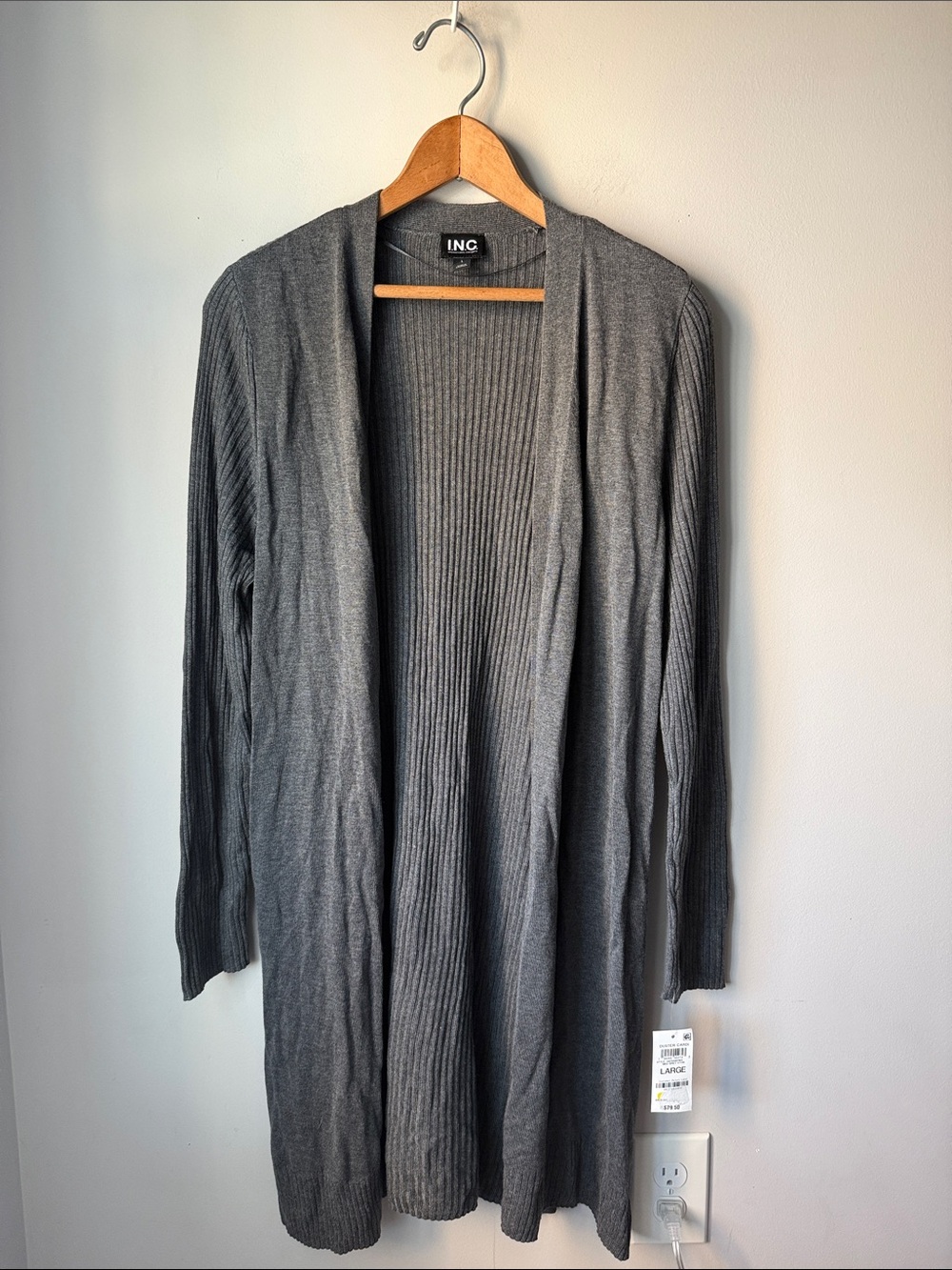 INC International Concepts Ribbed Open Front Duster Cardigan Heather Gray Large